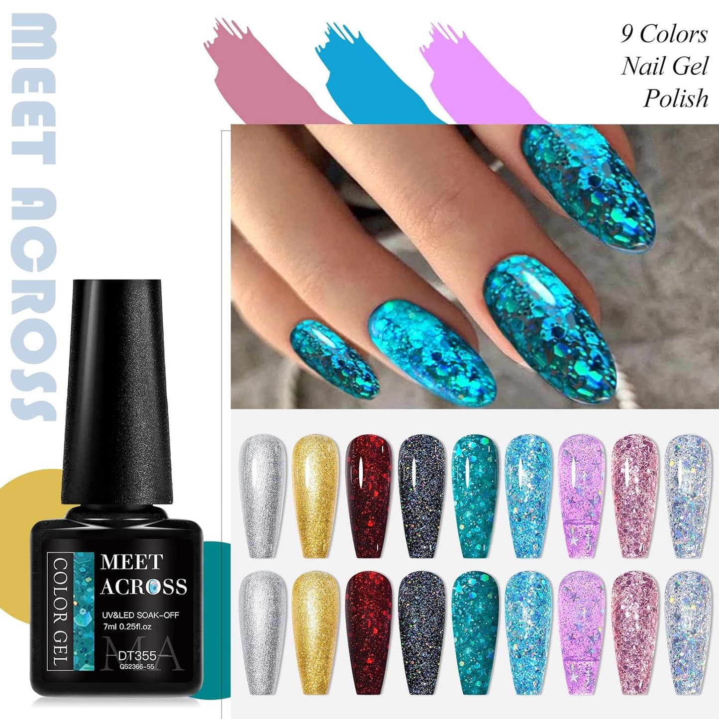 MEET ACROSS 9 Colors Gel Nail Polish + 3PCS Function Gel Nail Polish Kit,Fashion Nail Art Set Design Gifts for Women Manicure Salon (SET12, 12pcs)
