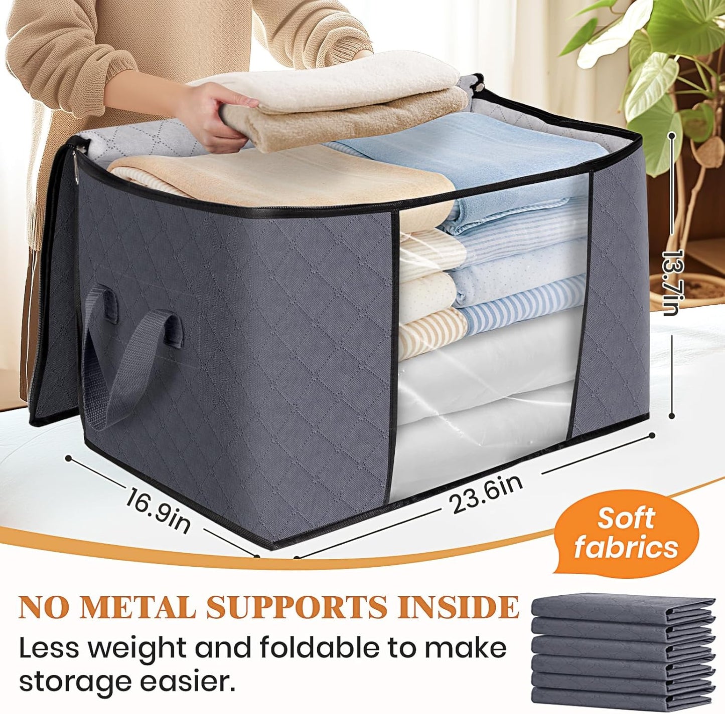 Fab totes 24 Gallons Clothes Storage, Foldable Thick Fabric Blanket Storage Bags, Containers for Organizing Bedroom, Closet, Clothing, Comforter, Organization with Handle (3 Pack,Grey)