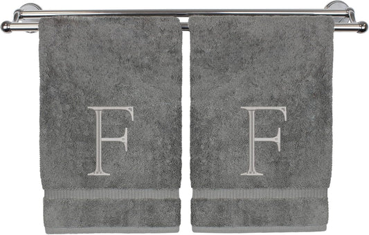 Monogrammed Hand Towel, Personalized Initial Gift, Extra Absorbent 100% Turkish Cotton - Soft Terry Finish - Set of 2 - Silver Block Initial F - Embroidered on Grey Towels