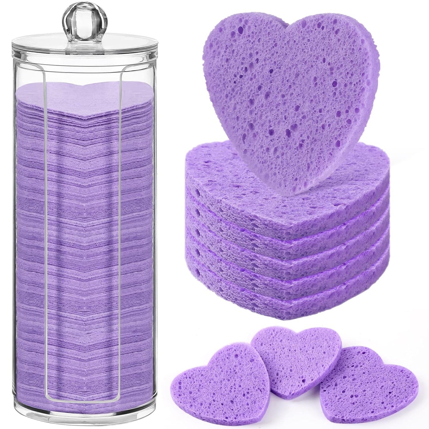 Sieral 120 Pcs Compressed Facial Sponges with Container Disposable Face Sponge Pads for Washing Face Cleansing Exfoliating Esthetician Makeup Removal(Heart,Purple)