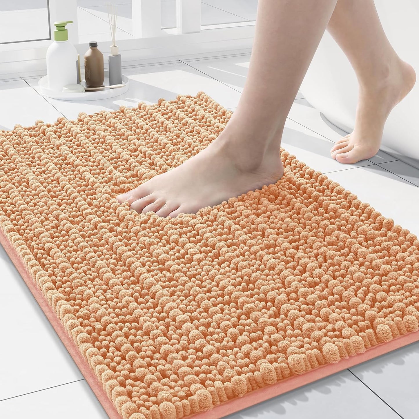 Arotive Luxury Chenille Bathroom Rug Mat, Extra Soft Thick Absorbent Shaggy Bath Rugs, Non-Slip Machine Wash Dry, Plush Bath Mats for Bathroom, Shower and Tub, 24x16, Peach