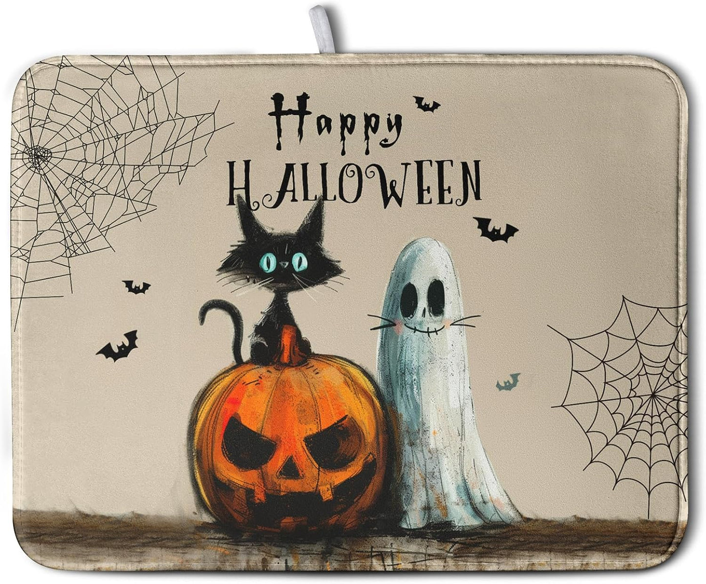 Happy Halloween Dish Drying Mat for Dishs 18x24 Inch Halloween Pumpkin Ghost Black Cat Kitchen Drying Mat Spooky Spiderweb Holiday Dish Drainer Mat Super Absorbent Dish Rack Pad for Coffee Bar Sinks