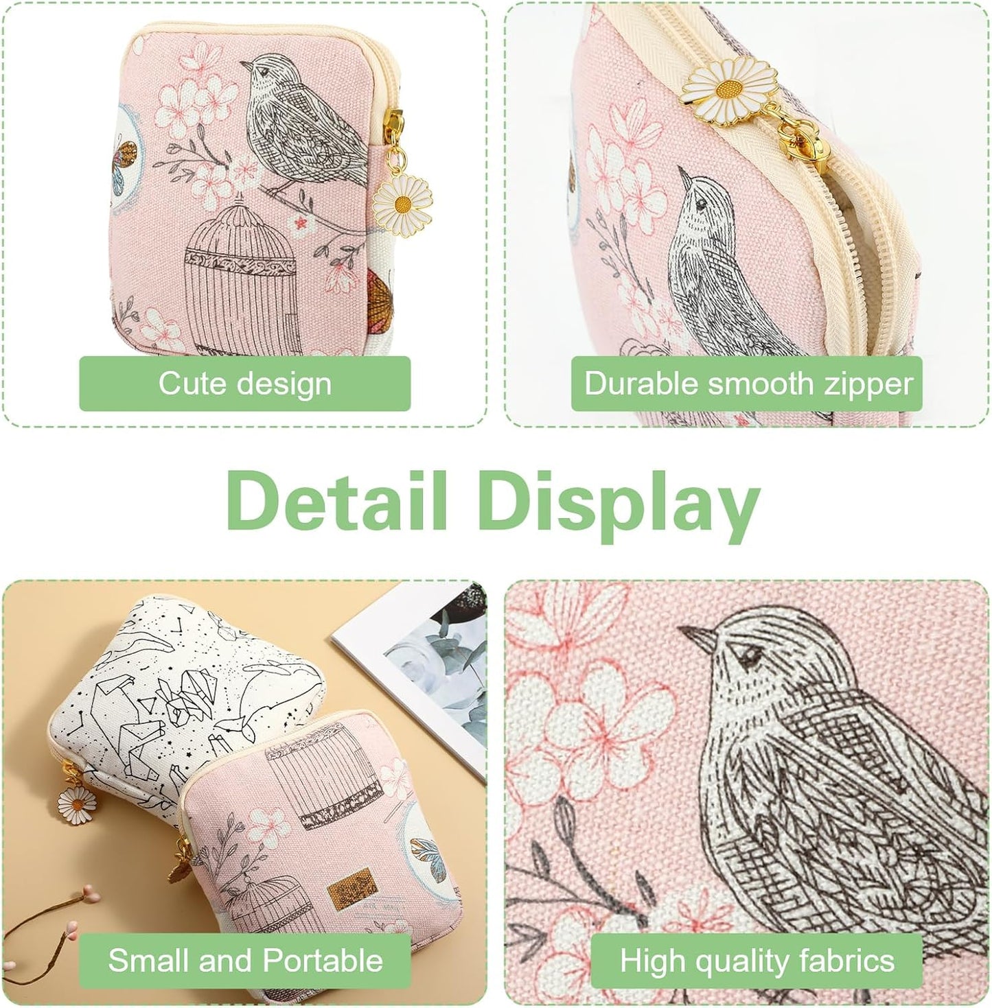cobee 2PCS Sanitary Pad Storage Bag, Cute Sanitary Napkin Storage Purses Portable Period Bag with Daisy Zipper Panty Liner Tampon Menstrual Cup Nursing Pad Holder Pouch for Girls Women Travel(Bird)