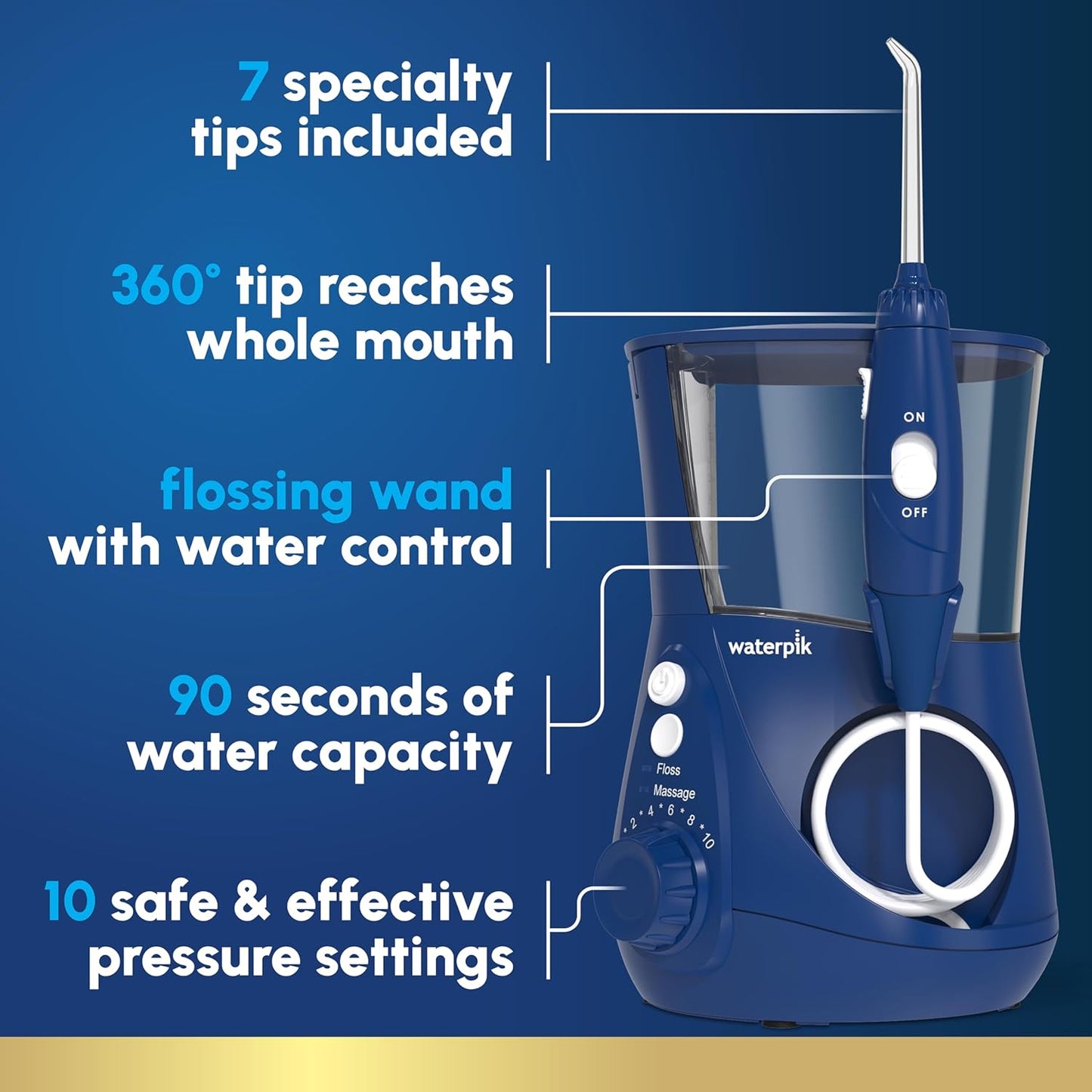 Waterpik Aquarius Water Flosser For Teeth Cleaning, Gums, Braces, Dental Care, Electric Power With 10 Settings, 7 Tips For Multiple Users And Needs, ADA Accepted, Blue WP-663, Packaging May Vary