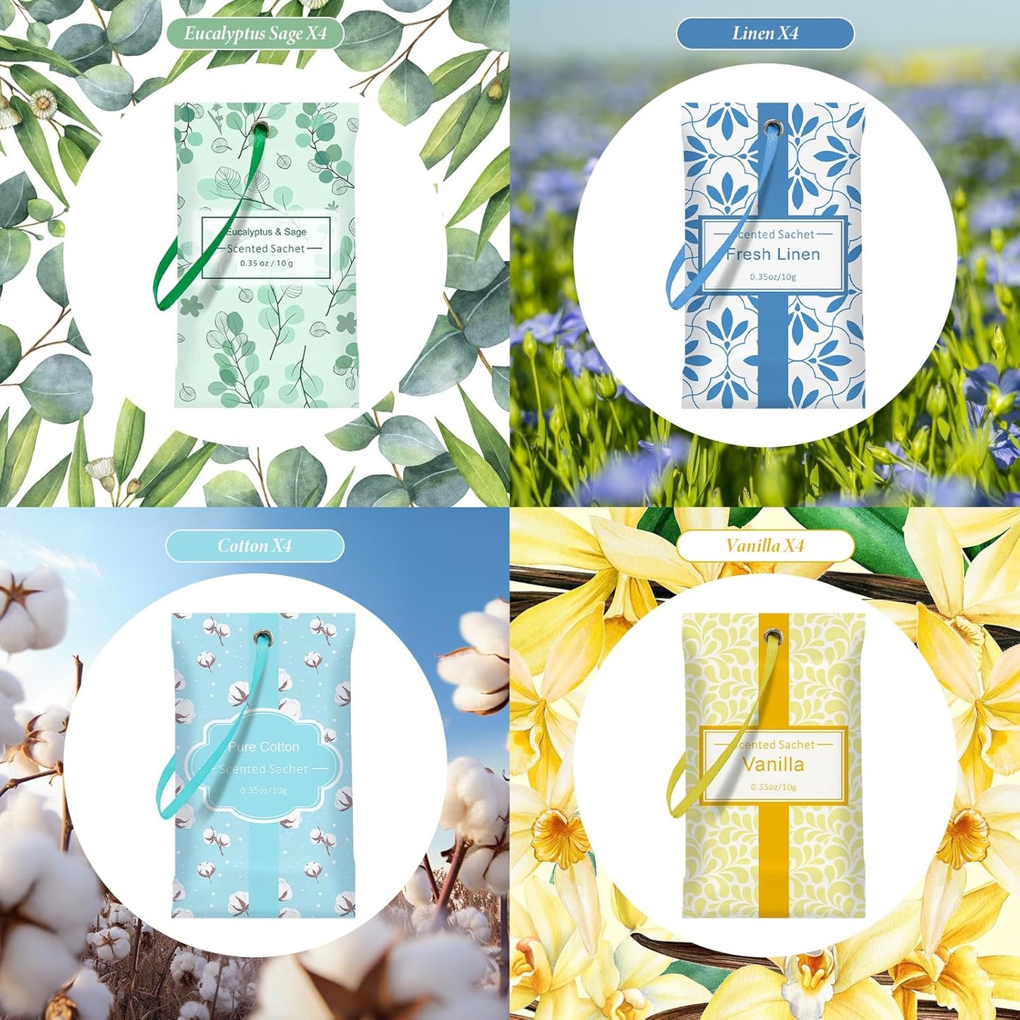 SCENTORINI Sachets for Drawers and Closets, Sachets Bags Long-Lasting, Linen Vanilla Cotton Eucalyptus & Sage, Pack of 16, Home Fragrance Sachet for Closet, Drawer, Wardrobe