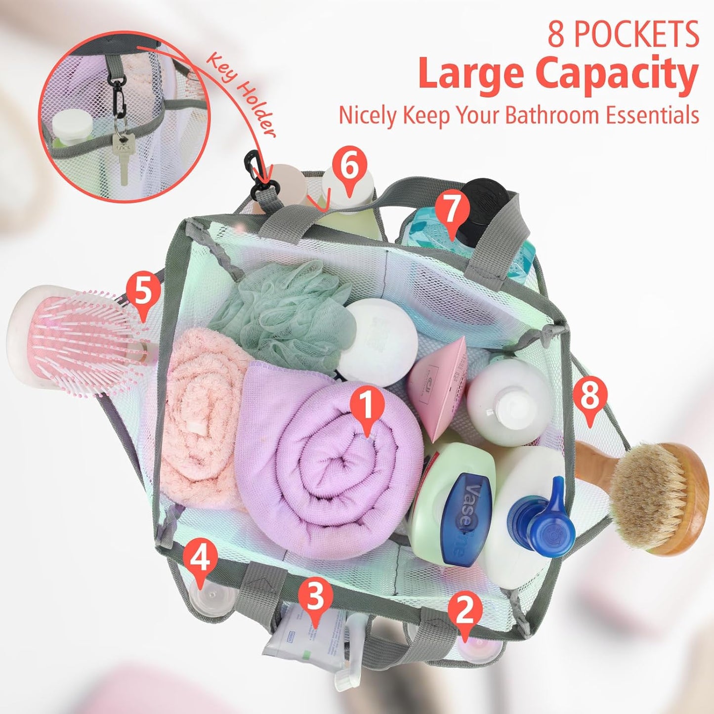 F-color Mesh Shower Caddy Portable, Upgrade Deeper 7 Pockets Shower Bag Basket Tote for College Dorm Room Toiletry Bathroom Essentials Gym Camp Quick Dry 2 handles with S Hook, White