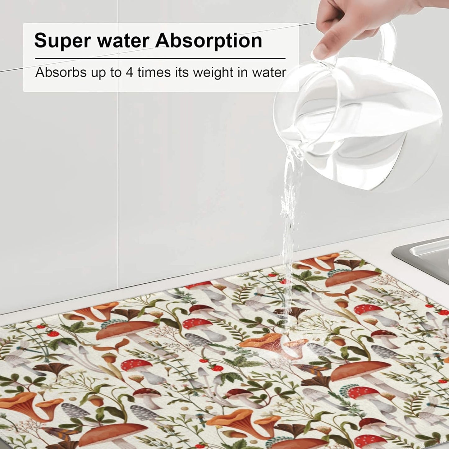 Boho Mushroom Decor Microfiber Dish Drying Mat for Kitchen Counter 18"x24" Botanic Plant Beige Dishes Pad Dish Drainer Rack Mats Washable Absorbent Fast Dry