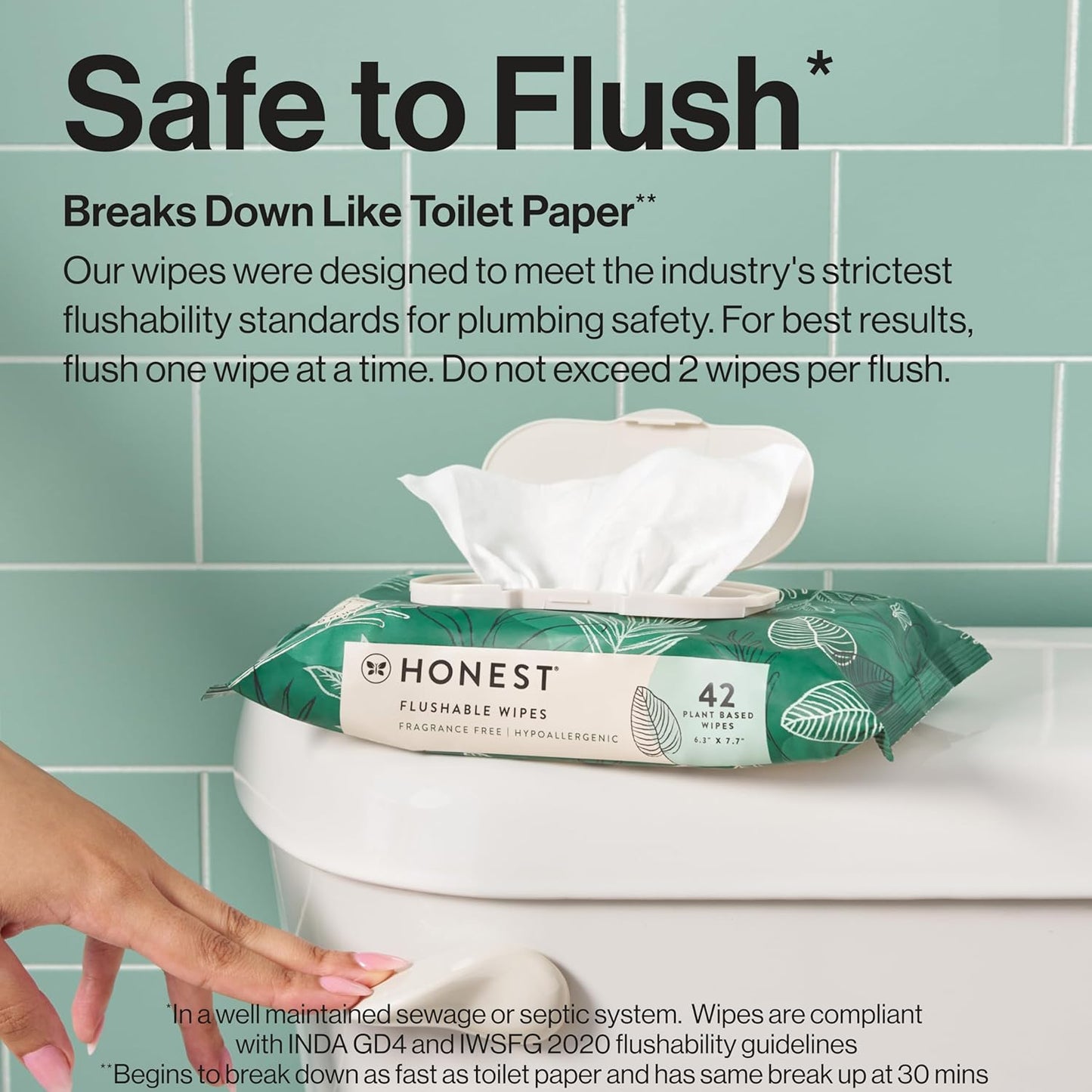 The Honest Company Flushable Wipes for Sensitive Skin | Fragrance Free, Hypoallergenic, 99% Water, Safe to Flush | pH Balanced Feminine Wipes | Tropical Leaves, 42 Count