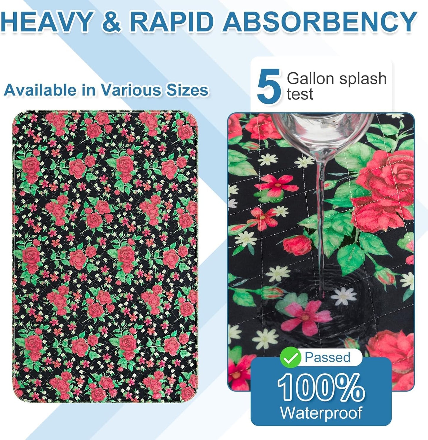 OUTCREATOR® Washable Bed Pads 34" x 36" (Pack of 4), Incontinence Mattress Protector, Anti-Slip Waterproof Underpads for Adults Kids Elderly Pets, Absorbency & Reusable Bedwetting Pads (Red Flower)