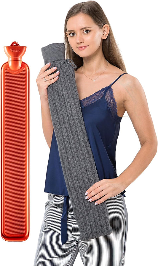 Peterpan Long Hot Water Bottle with Gray Cable Knit Cover, Natural Rubber, Pain Relief for Neck and Back, BPA & Phthalate Free
