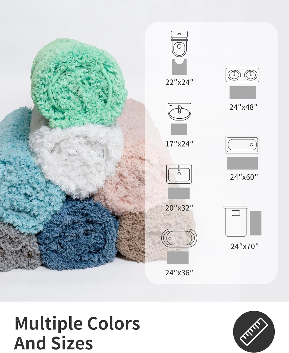 ILANGO White Bathroom Rugs 48" × 24" Non Slip & Super Absorbent Extra Thick Soft, Washable Bath Mat for Floor, Microfiber Plush Shaggy Bath Rug with Rubber for Bathtub Shower Room Sink