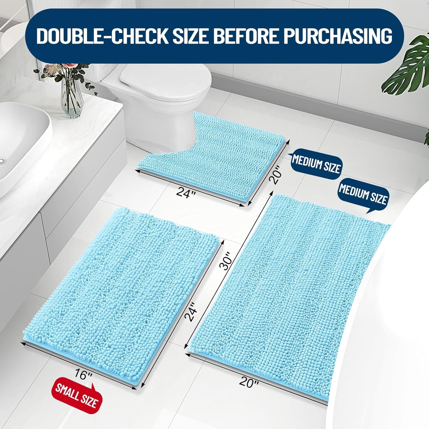 Grandaily Chenille Striped Bathroom Rugs 24x16, Extra Thick and Absorbent Bath Mats, Non-Slip Soft Plush Shaggy Shower Carpet, Machine Wash Dry, Bath Rug for Bathroom, (Small, Blue)