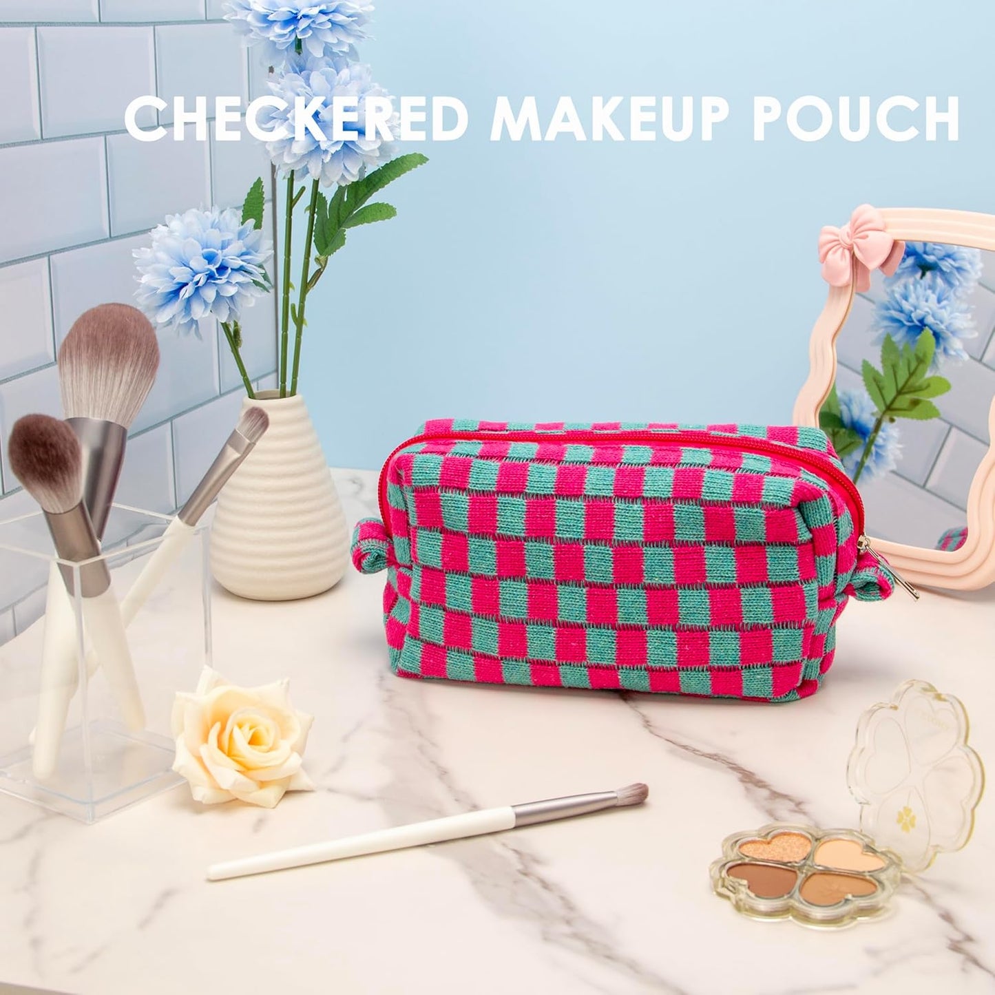 PAZIMIIK Checkered Makeup Bag for Purse Portable Zipper Make Up Pouch Small Cosmetic Case for Travel Accessories Magenta Green