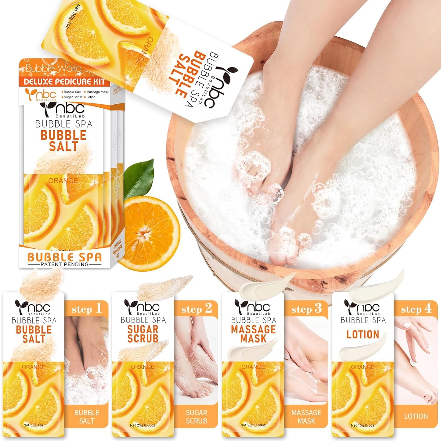 Pedicure Kit Foot Soak Set: Bubble Salt, Sugar Scrub, Massage Mask, Massage Lotion in a Box, 4 Step Foot Spa Kit for Dry Feet, Softens Calluses and Tired Feet（1 Set Orange)