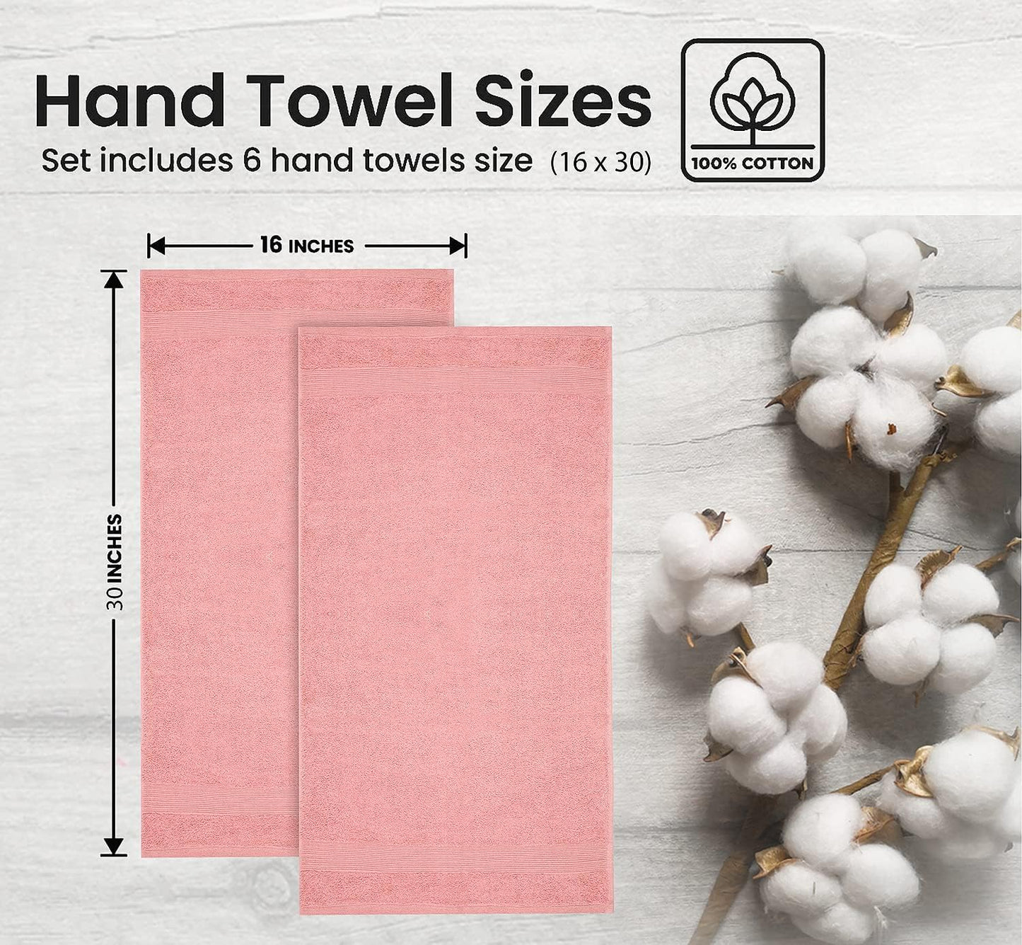 Premium Hand Towels Pack of 6 (16" x 30”) 100% Combed Ring Spun Cotton | Highly Absorbent Hand Towels Set | Ultra Soft for Home, Gym & Spa (Pink)