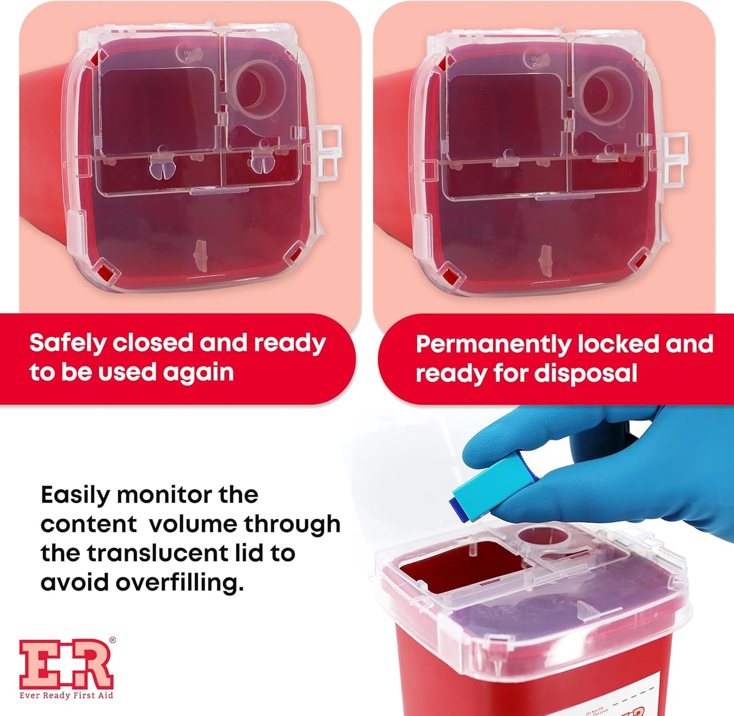 Ever Ready First Aid Sharps Container with Split Lid Design and Locking Mechanism for Sharp Waste Disposal, 1 Quart