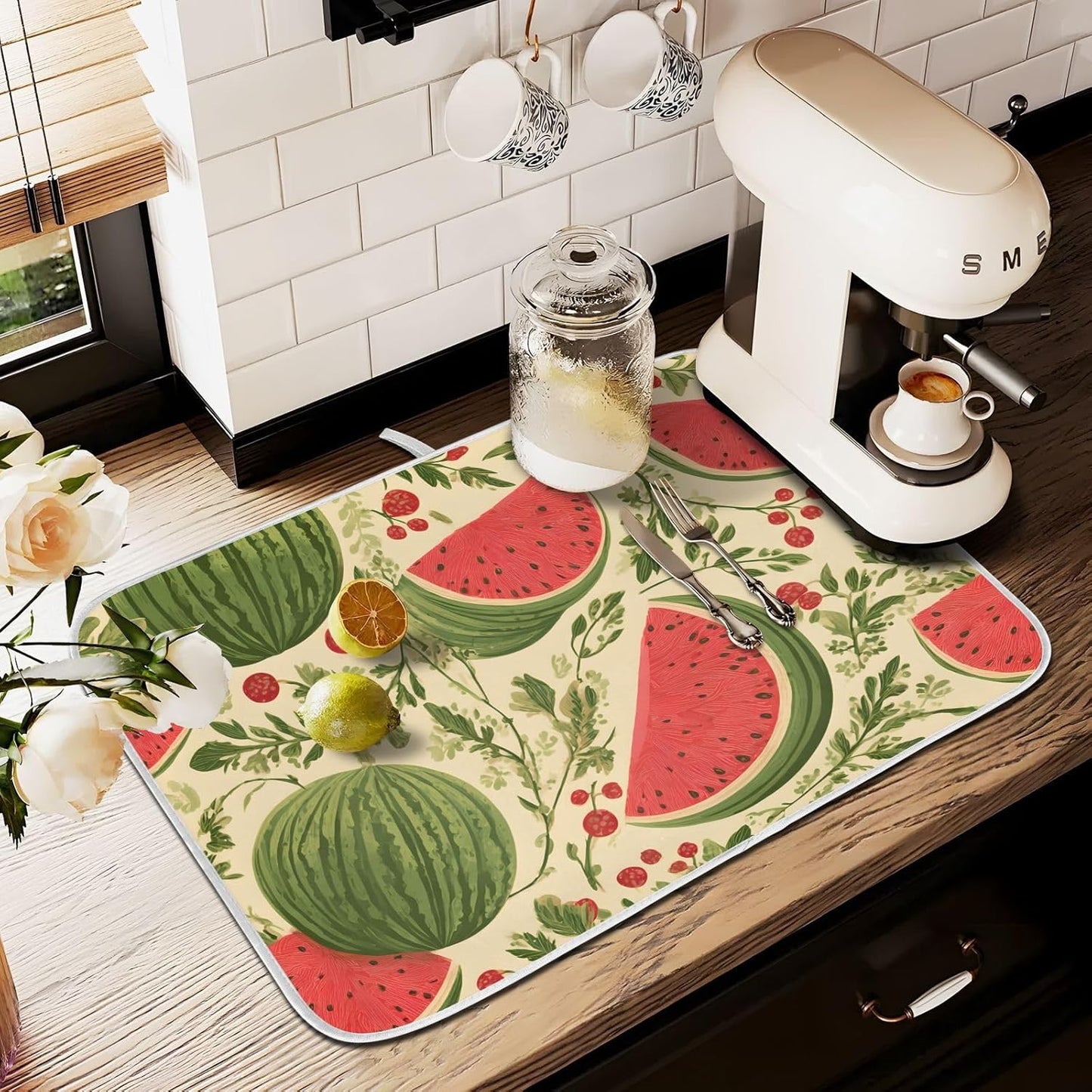 Watermelon Flower Dish Drying Mats for Kitchen Counter, 18x24 inch Drying Dishes Absorbent Microfiber Dish Drainer Mat Rack Pad Fast Dry