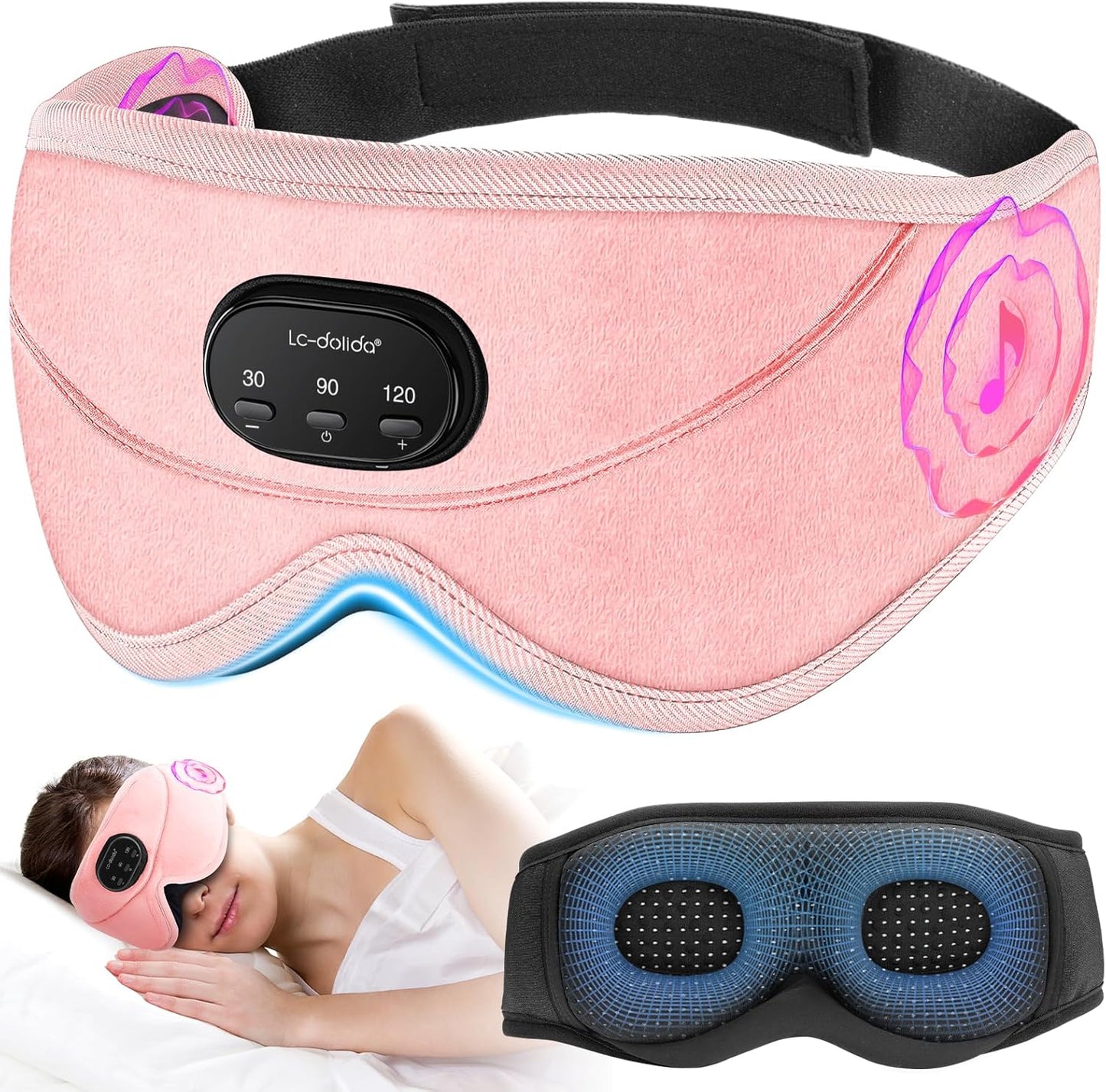 LC-dolida White Noise Sleep Mask, 3D Sleep Headphones with 16 Soothing Sounds, Bluetooth 5.4 Sleep Eye Mask with Timer, Total Blackout Sleeping Headphones for Side Sleeper(Pink)