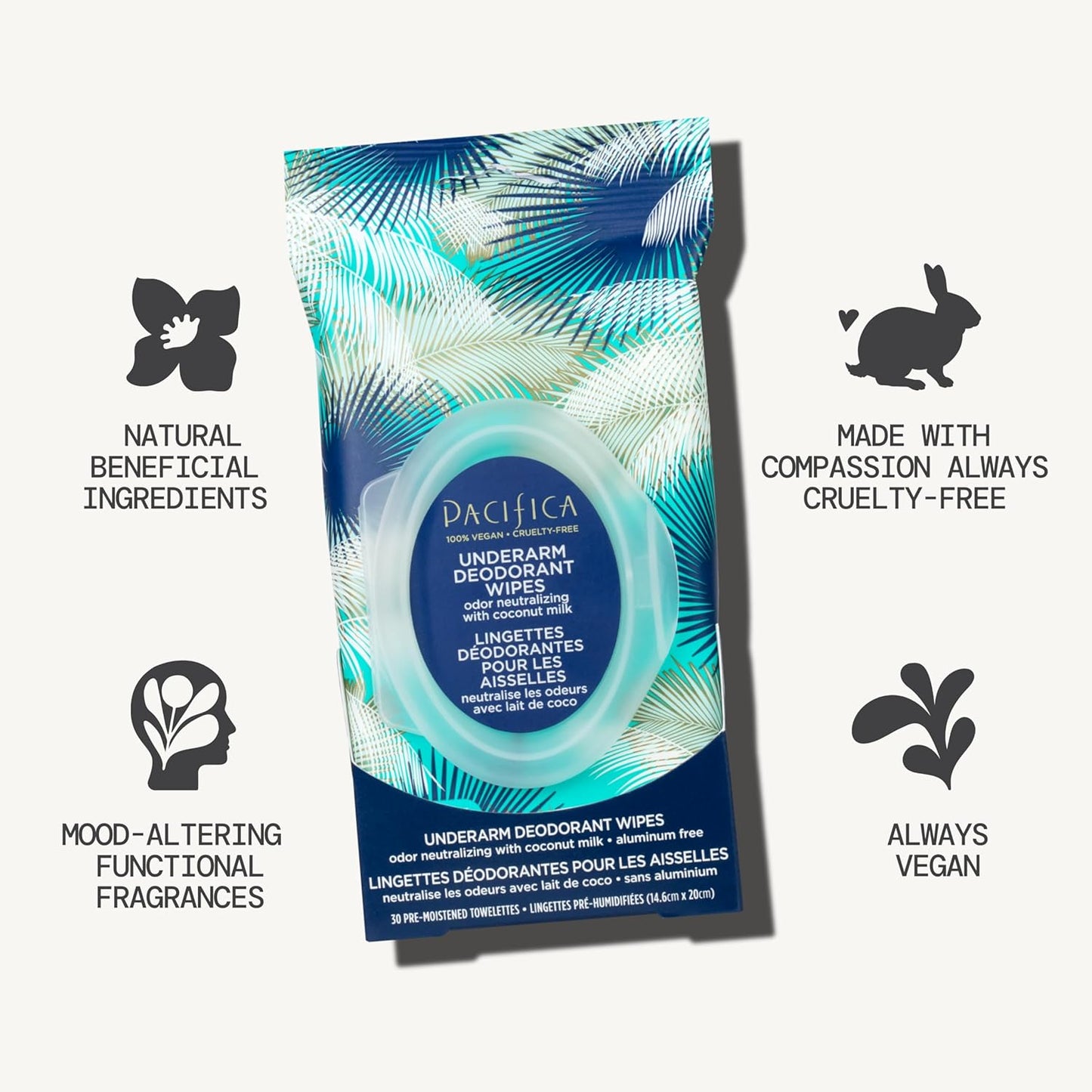 Pacifica Deodorant Wipes - Coconut Milk Underarm & Full Body Deodorant Wipes - Removes Sweat & Oil - Aluminum-Free - Natural Feminine Odor Control Clean Vegan & Cruelty-Free Dermatologist Tested