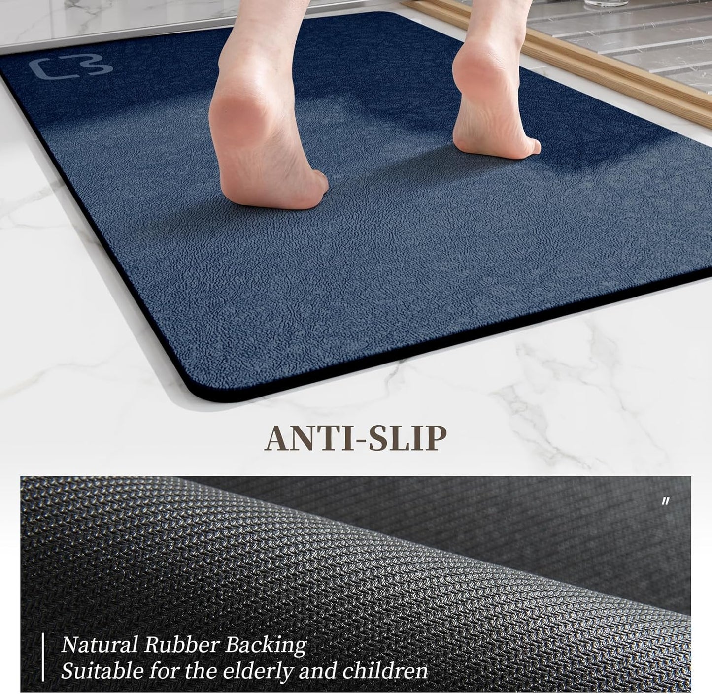 Diatomaceous Earth Bath Mat Rugs 23.6 x 15.7 inch, Quick Dry Super Absorbent Non Slip Rubber BottomThin Bathroom Mat Fit Under Door, Floor Rugs in Front of Bathtub,Shower Room,Sink, Navy