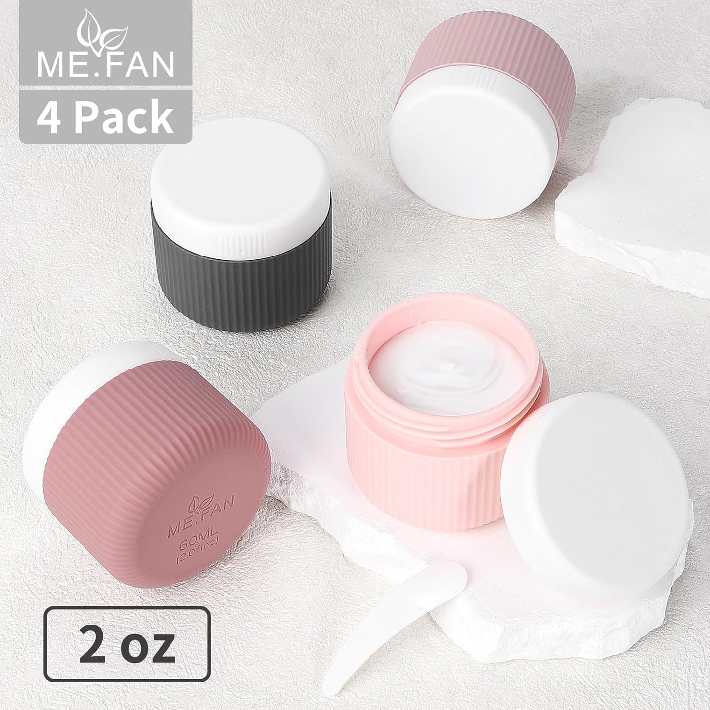 ME.FAN Travel Containers for Toiletries, TSA Approved 2 oz Silicone Cream Jars, Leak-proof Journey Containers, Trip Accessories with Lid for Cosmetic Face Hand Body Cream 4 Pack White Lid Pink