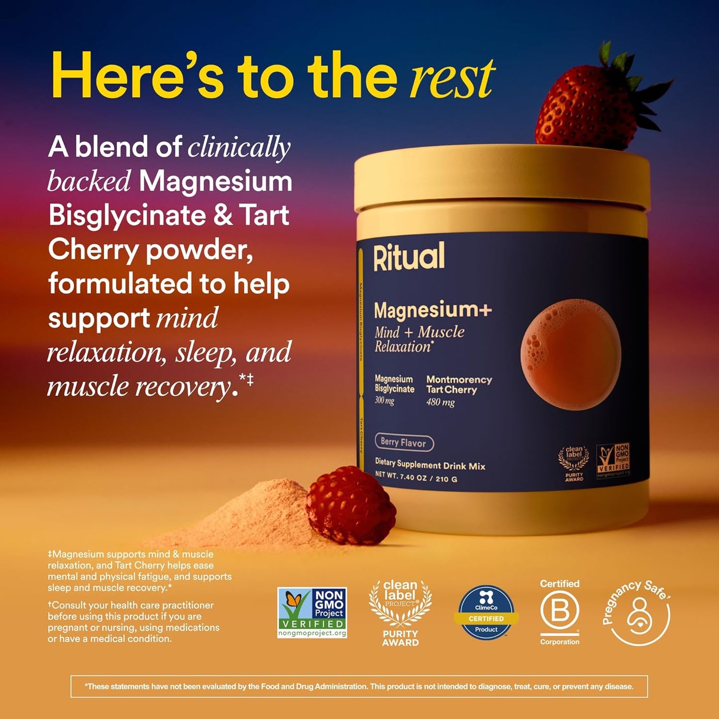 Ritual Magnesium+ Drink Mix Supplement | 2-in-1 Science-Backed Tart Cherry & Gentle on Stomach Magnesium Bisglycinate | Formulated for Mind & Muscle Relaxation | Supports Sleep & Calm | 30 Servings