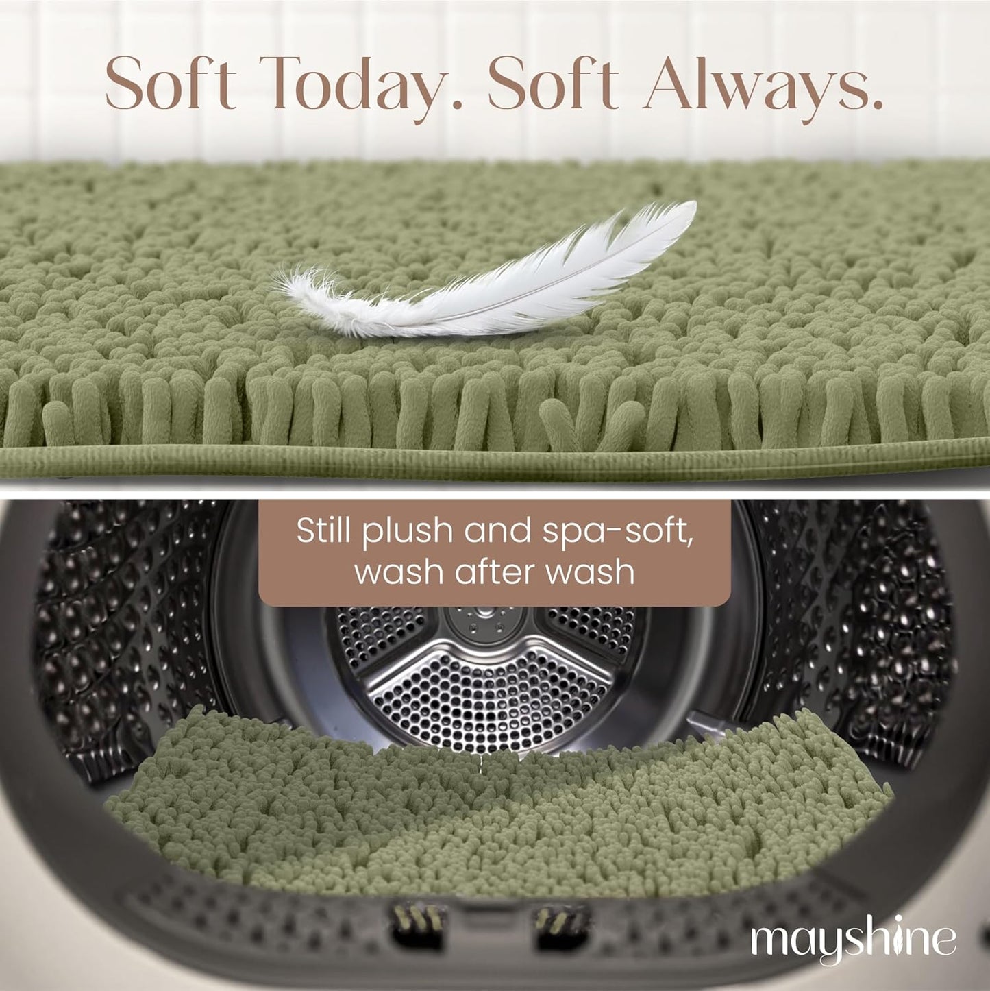 MAYSHINE Plush Shaggy Chenille Bath Mat | Extra Soft, Super Absorbent, Non-Slip Bathroom Rug | Fluffy Microfiber, Area Rug Sets for Bathroom Floor, Kitchen, Living Room | 39"x24" | Sage Green