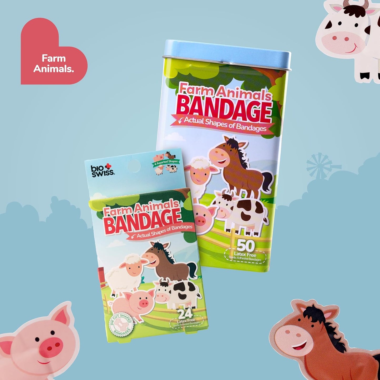BioSwiss Kids Bandages, Farm Animal Shaped Self Adhesive Bandage Set, Latex Free, Sterile Wound Care, 50 Count
