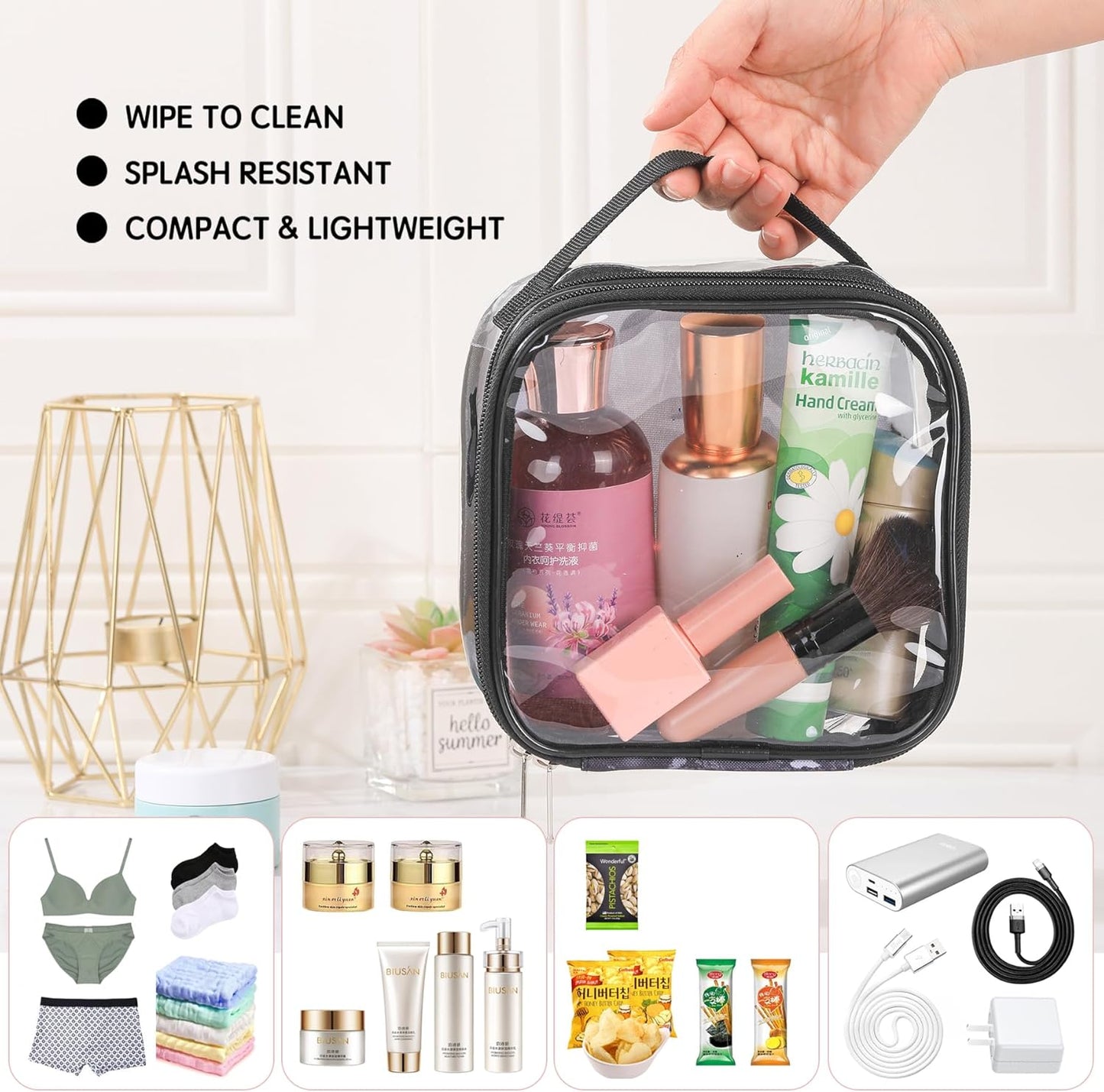 Clear pouches for travel toiletries vinyl TSA airport approved proof makeup bag reusable organizer (black)