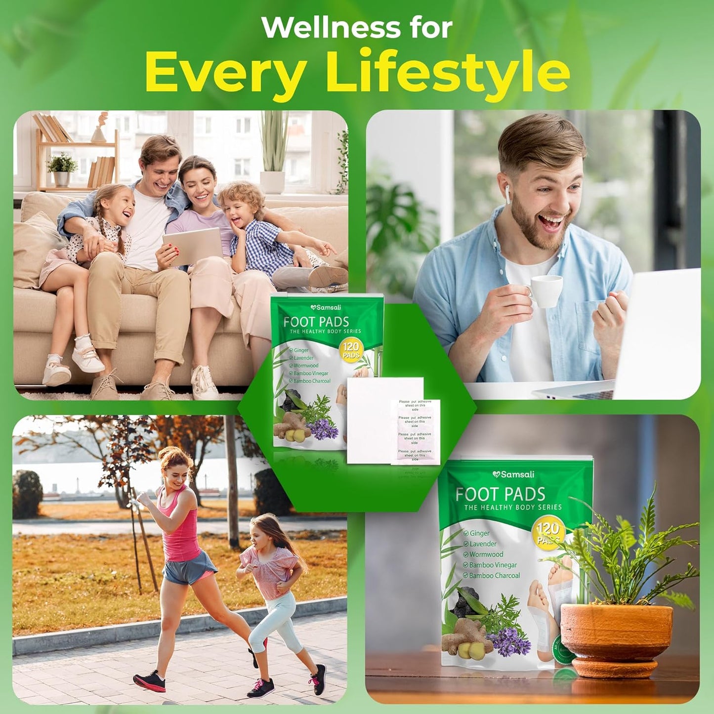 Samsali Ginger Foot Pads for Pain Relief: 120-Pack Natural Bamboo Vinegar Bamboo Charcoal Wormwood Lavender Ingredients Foot Patches - Comfort for Stress Relief - Ideal for Adults Elderly Sleep