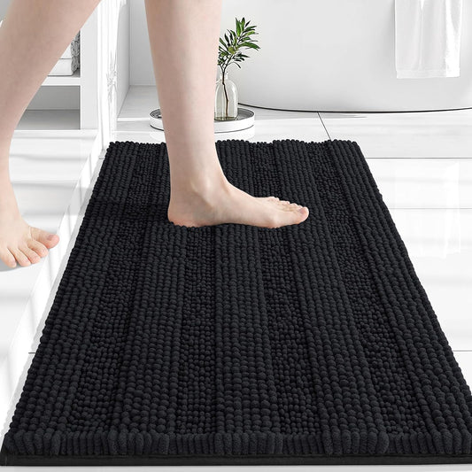 Grandaily Chenille Striped Bathroom Rugs 30x20, Extra Thick and Absorbent Bath Mats, Non-Slip Soft Plush Shaggy Shower Carpet, Machine Wash Dry, Bath Rug for Bathroom, (Medium, Black)