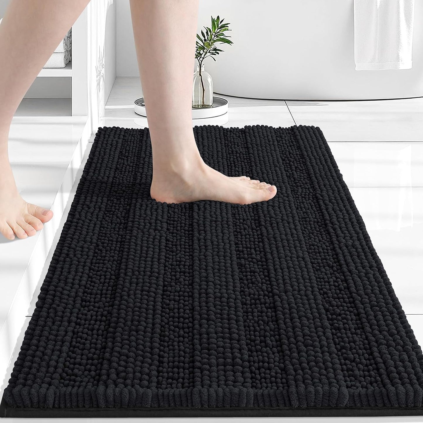 Grandaily Chenille Striped Bathroom Rugs 24x16, Extra Thick and Absorbent Bath Mats, Non-Slip Soft Plush Shaggy Shower Carpet, Machine Wash Dry, Bath Rug for Bathroom, (Small, Black)