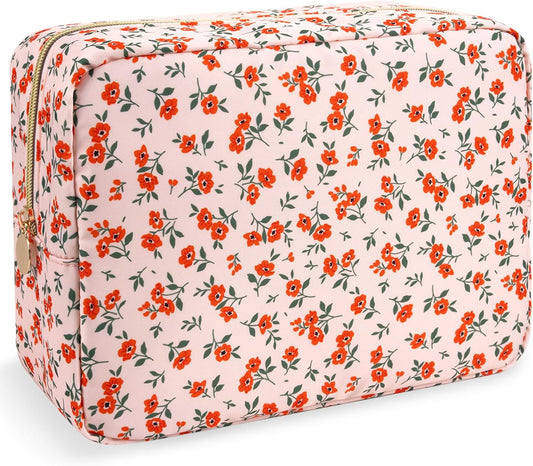 Nylon Large Floral Makeup Organizer Bag, Preppy Big Cute Flower Cosmetic Zipper Pouch Multi-compartment with Dividers, Waterproof Toiletry Make Up Brushes Bag Travel Essentials for Women(Pink-Floral)