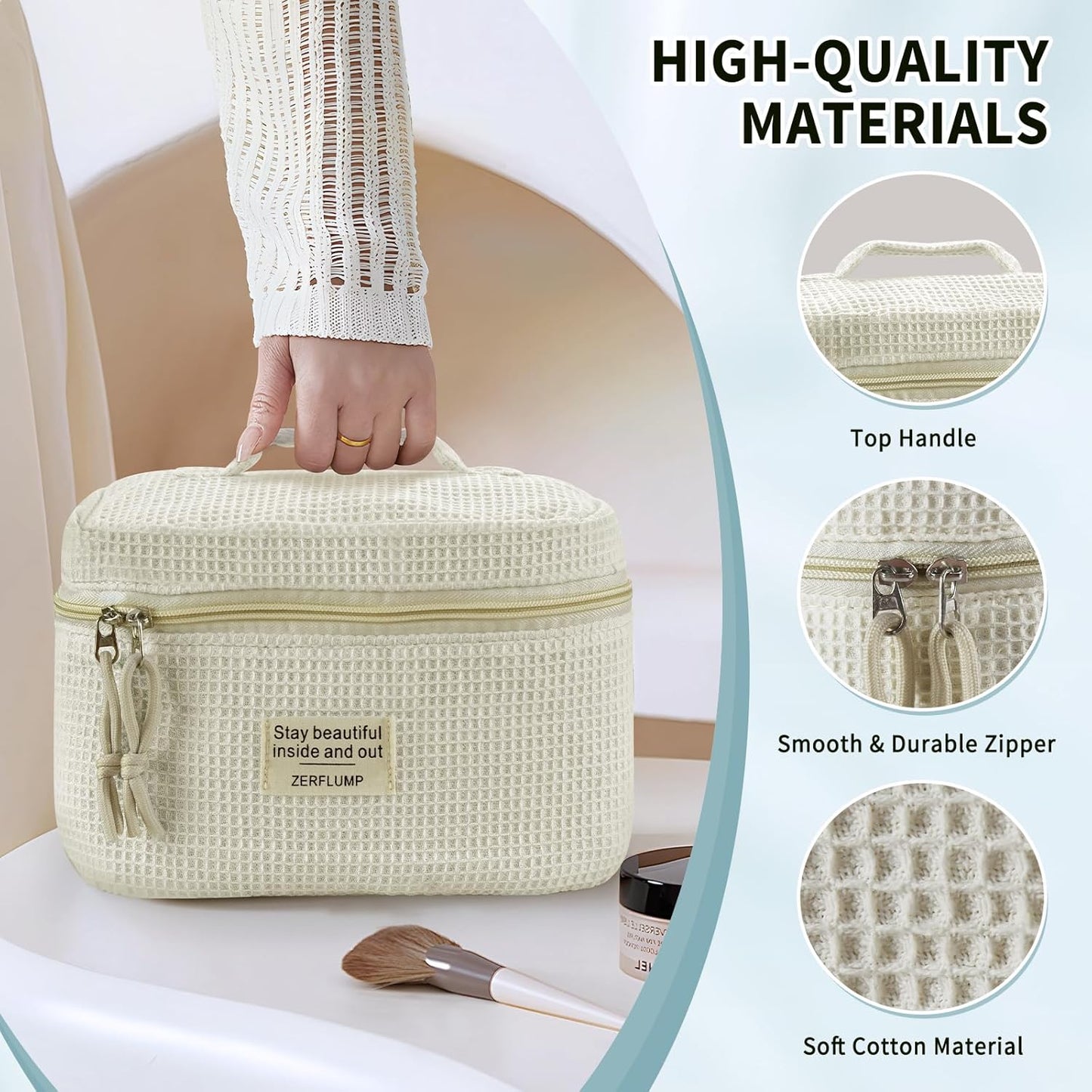 Cute Quilted Floral Makeup Bag(3Pcs)，Coquette Aesthetic Cosmetic Bag，Travel Toiletry Bags， Kawaii Aesthetic pouch for Women (91 - Beige)