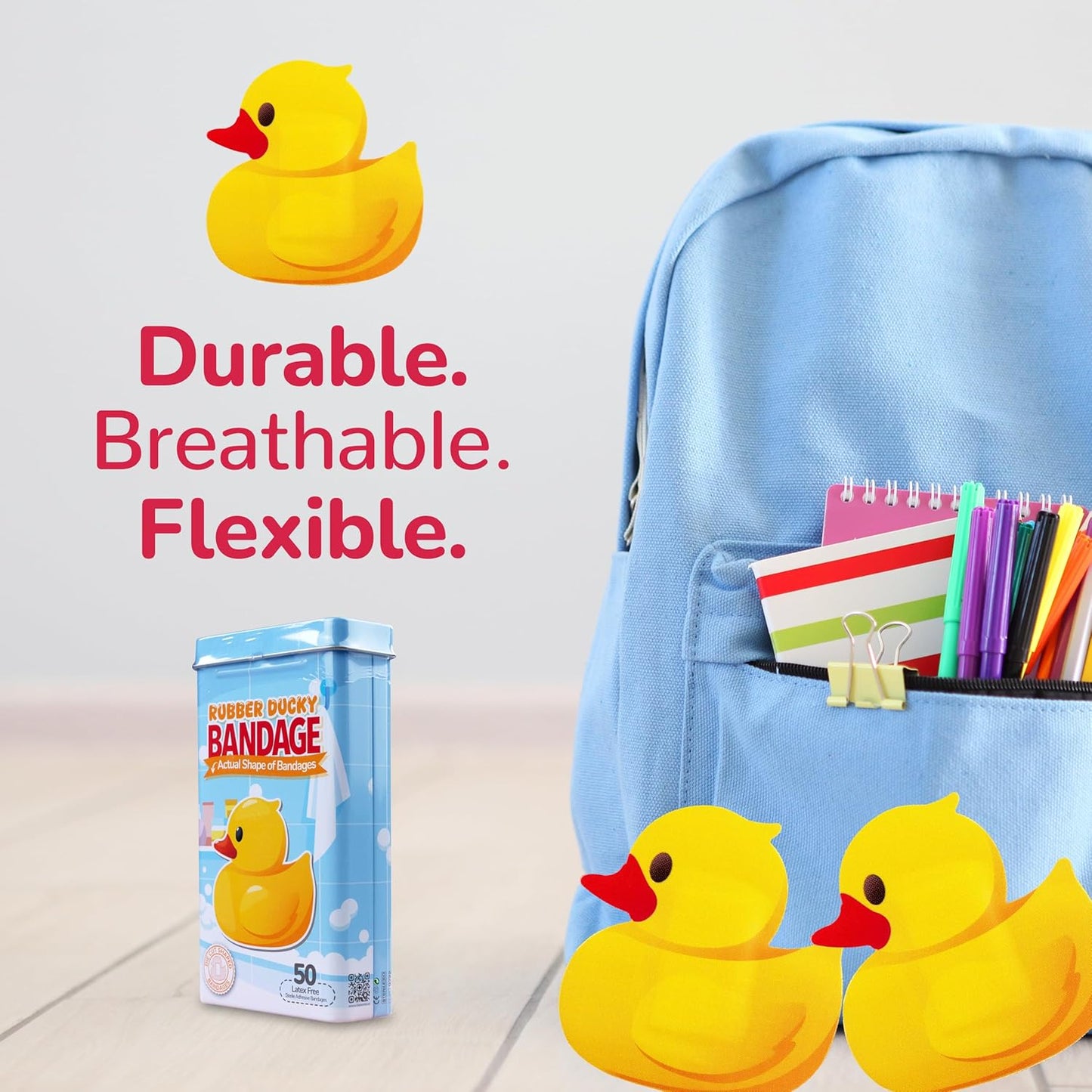 BioSwiss Kids Bandages, Rubber Ducky Shaped Self Adhesive Bandage, Latex Free, Sterile Wound Care, 50 Count