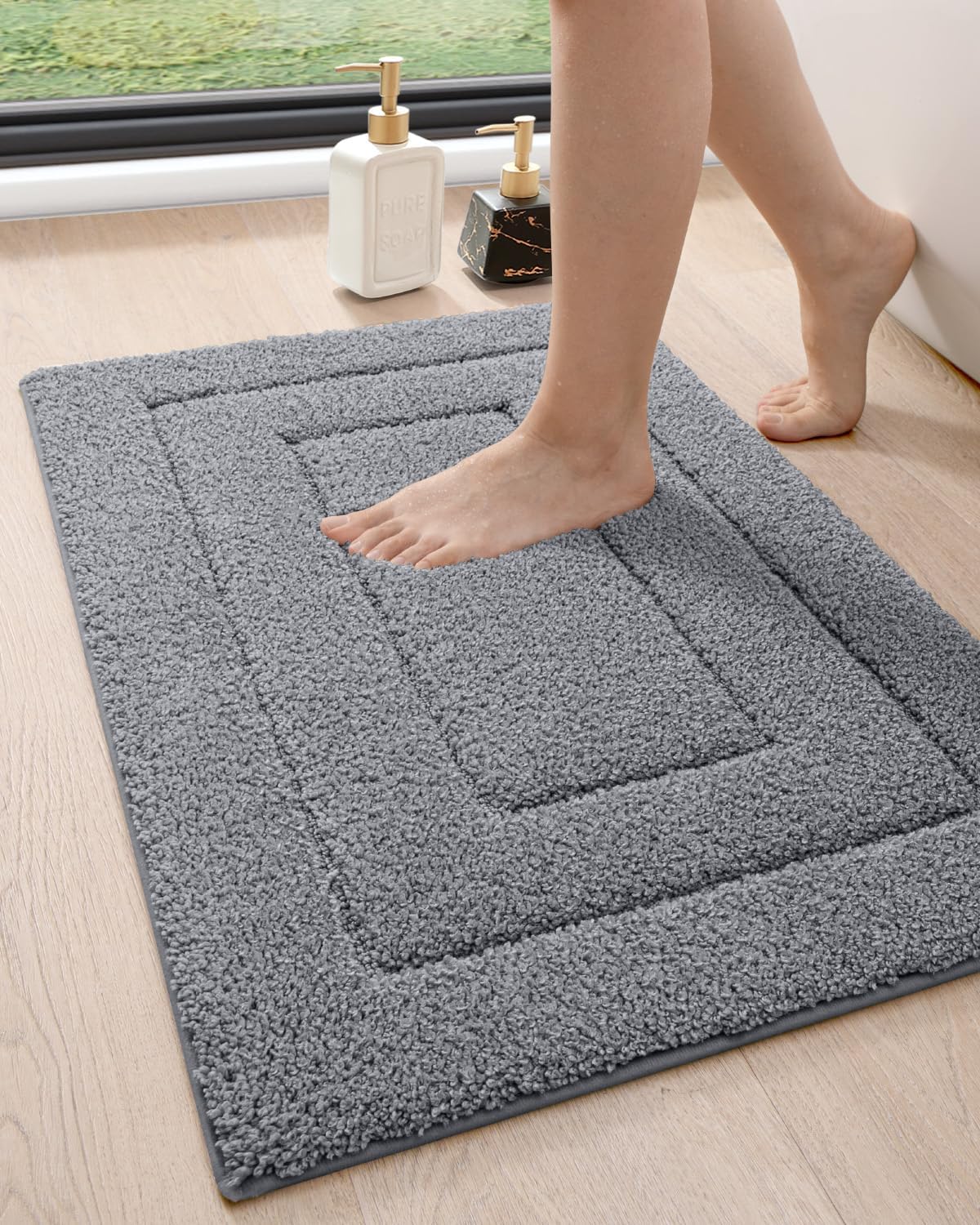 DEXI Bathroom Rug 24x16, Non Slip Washable Bath Mat for Shower Floor, Absorbent Soft Bathmat with Rubber Backing, Quick Dry Microfiber Carpet, Grey