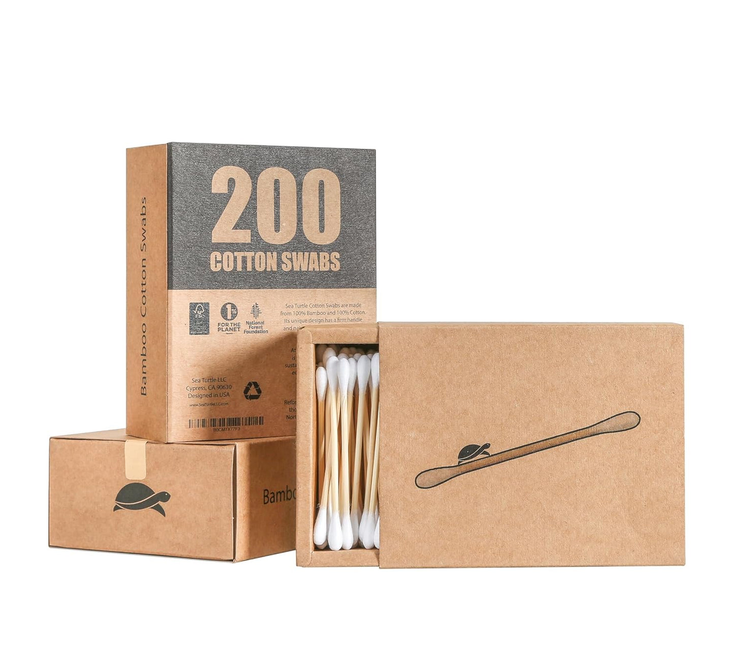 Sea Turtle Bamboo Cotton Swabs (200 Count) - Vegan, Eco Friendly, Organic, Double Tips, Plastic Free Wooden Ear Sticks, All Natural 100% Biodegradable Cotton Buds