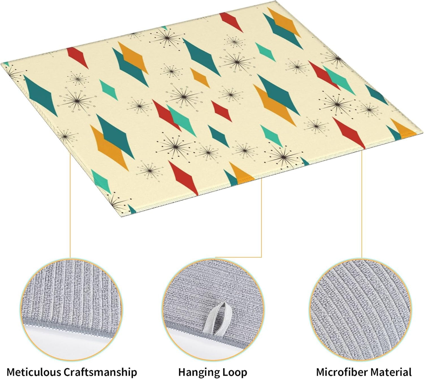 Mid Century Modern Dish Drying Mat for Kitchen Counter Atomic Retro Dish Drainer Rack Mats 16"x18" Absorbent Reversible Yellow Drying Pad