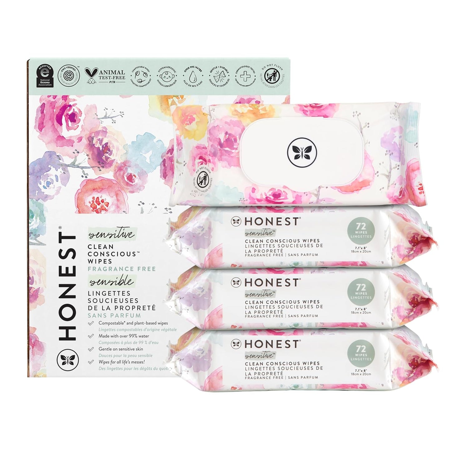 The Honest Company Clean Conscious Multi-Use Wipes, Unscented Hypoallergenic Baby Wipes for Sensitive Skin, 99% Water Plant-Based Compostable Wipes, Rose Blossom, 288 Count