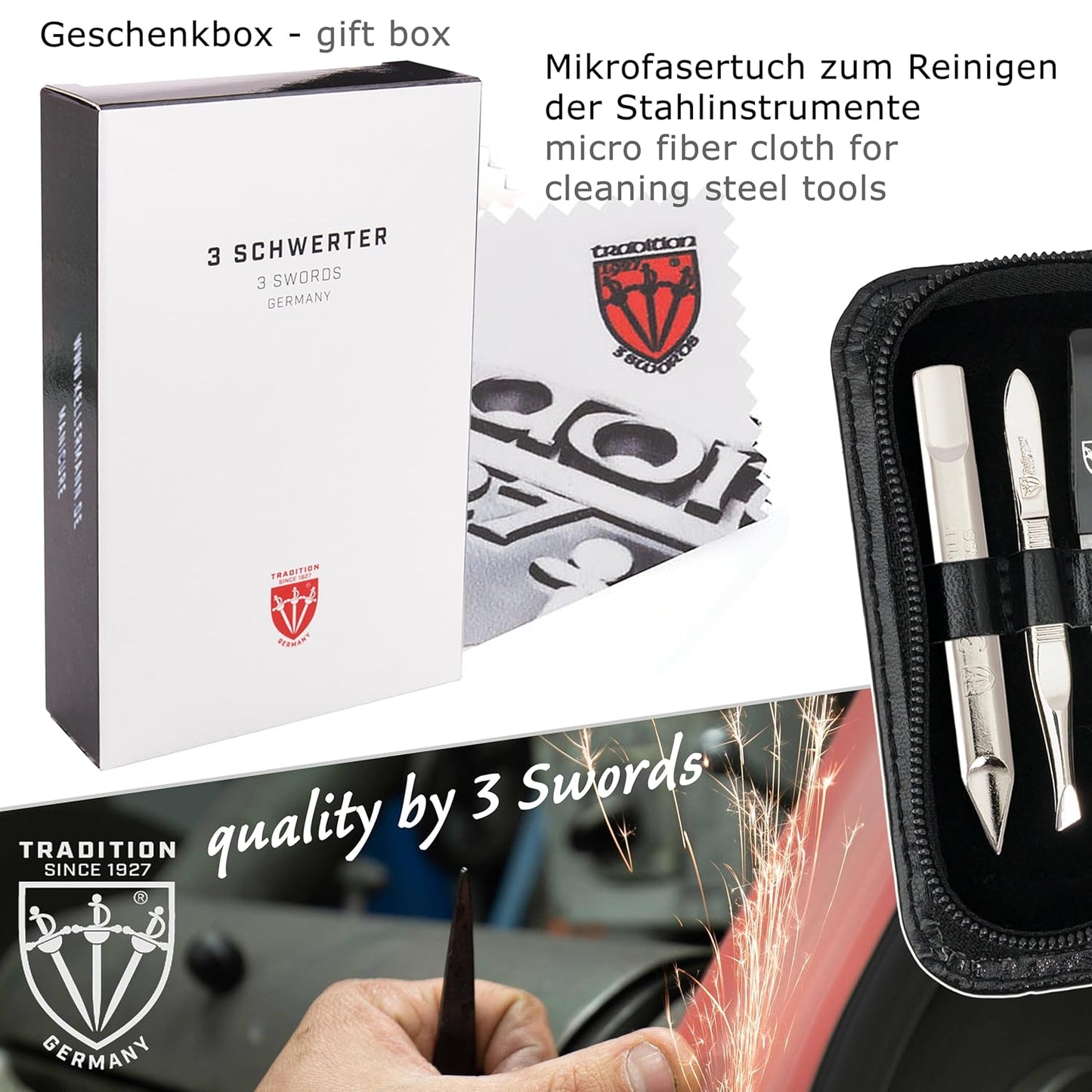 3 Swords Germany - brand quality 5 piece manicure pedicure grooming kit set for professional finger & toe nail care scissors clipper genuine leather black case in gift box, Made in Germany