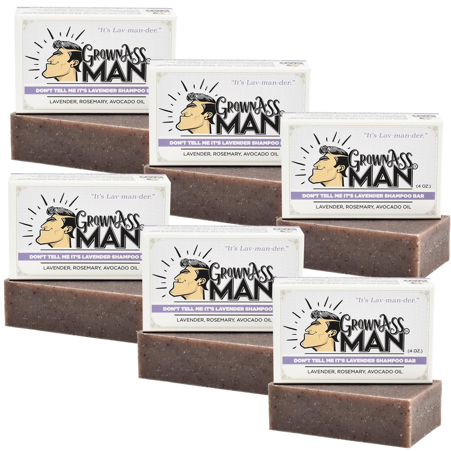 Grown Ass Man Co. - Solid Shampoo Bar Rich Lather 3 in 1: Hair, Beard & Body Wash - Plastic Free & Eco-Friendly, Natural & Organic for All Hair Types, 4oz Bar (Don't Tell Me It's Lavender, 6-Pack)