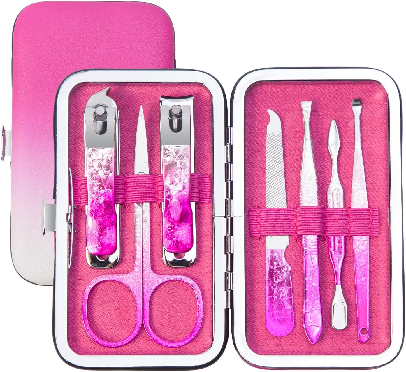 Nail Clippers Set 7 in 1 Stainless Steel, Colorful Manicure Kit Scissors Pedicure Tools Kit with Luxurious Travel Case- Portable Travel Grooming Kit Gift for Women