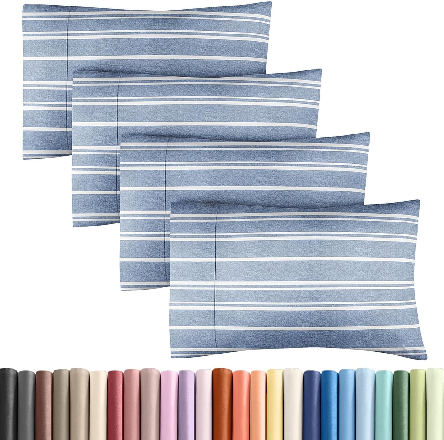 CGK Unlimited King Size Pillow Cases Set of 4 - Soft, Premium Quality Microfiber Pillowcase Covers - 20x40, 20x36 & 20x48 Pillows for Sleeping - Blue Stripes 3