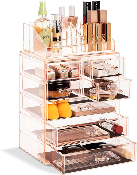 Sorbus Clear Cosmetic Makeup Organizer - Make Up & Jewelry Storage, Case & Display - Spacious Design - Great Holder for Dresser, Bathroom, Vanity & Countertop (3 Large, 4 Small Drawers) [Pink]