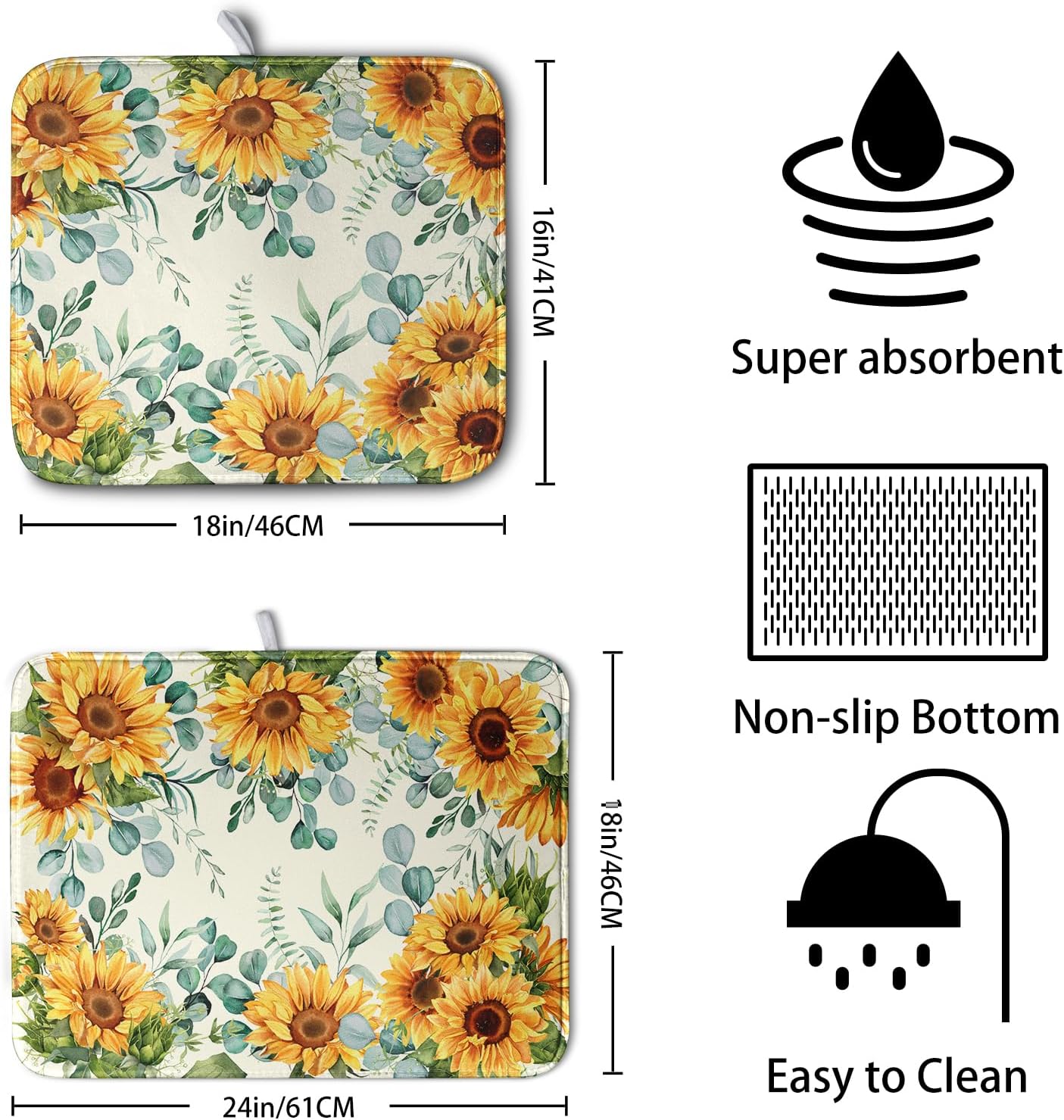 Sunflowers Dish Drying Mat for Kitchen Counter Yellow Flower Green Leaves Dish Draining Mats Spring Summer Floral Dishes Pad Microfiber Absorbent Dish Drainer Rack Mat 16x18 Inch