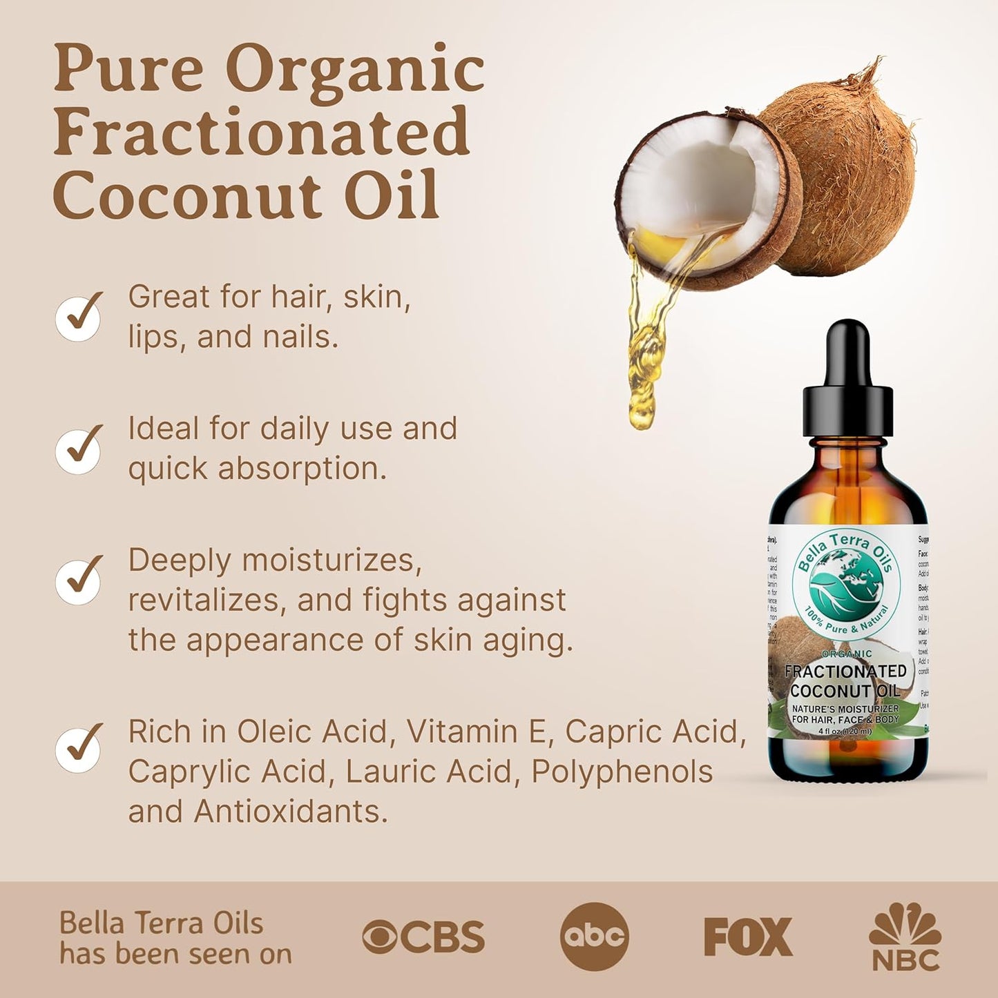 Bella Terra Oils - Organic Fractionated Coconut Oil (MCT) 4 oz - A Treasured Elixir from Coconut, Enriched with Caprylic & Capric Acid, The Ultimate Carrier for Mixing Oils