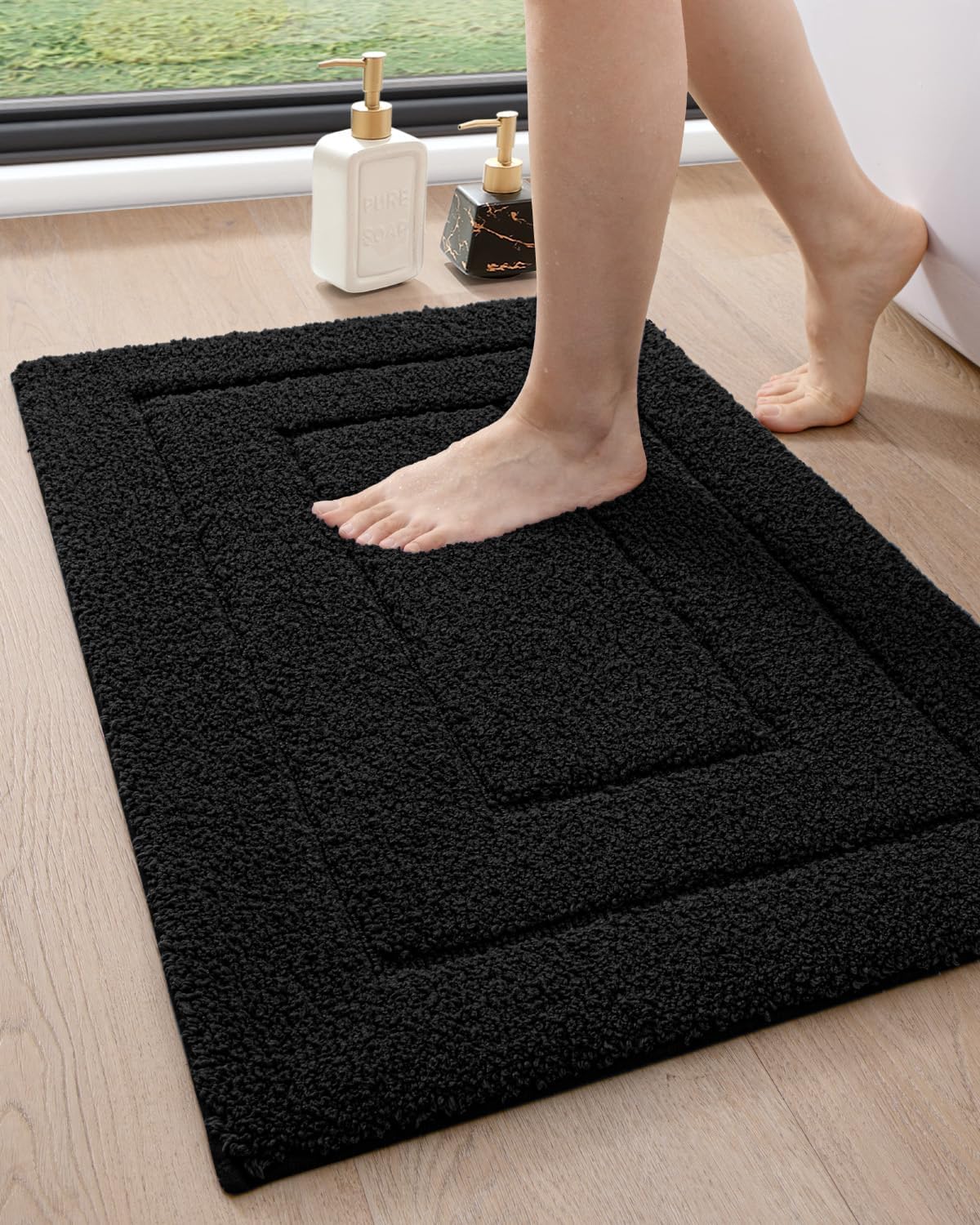 DEXI Bathroom Rug 24x16, Non Slip Washable Bath Mat for Shower Floor, Absorbent Soft Bathmat with Rubber Backing, Quick Dry Microfiber Carpet, Black