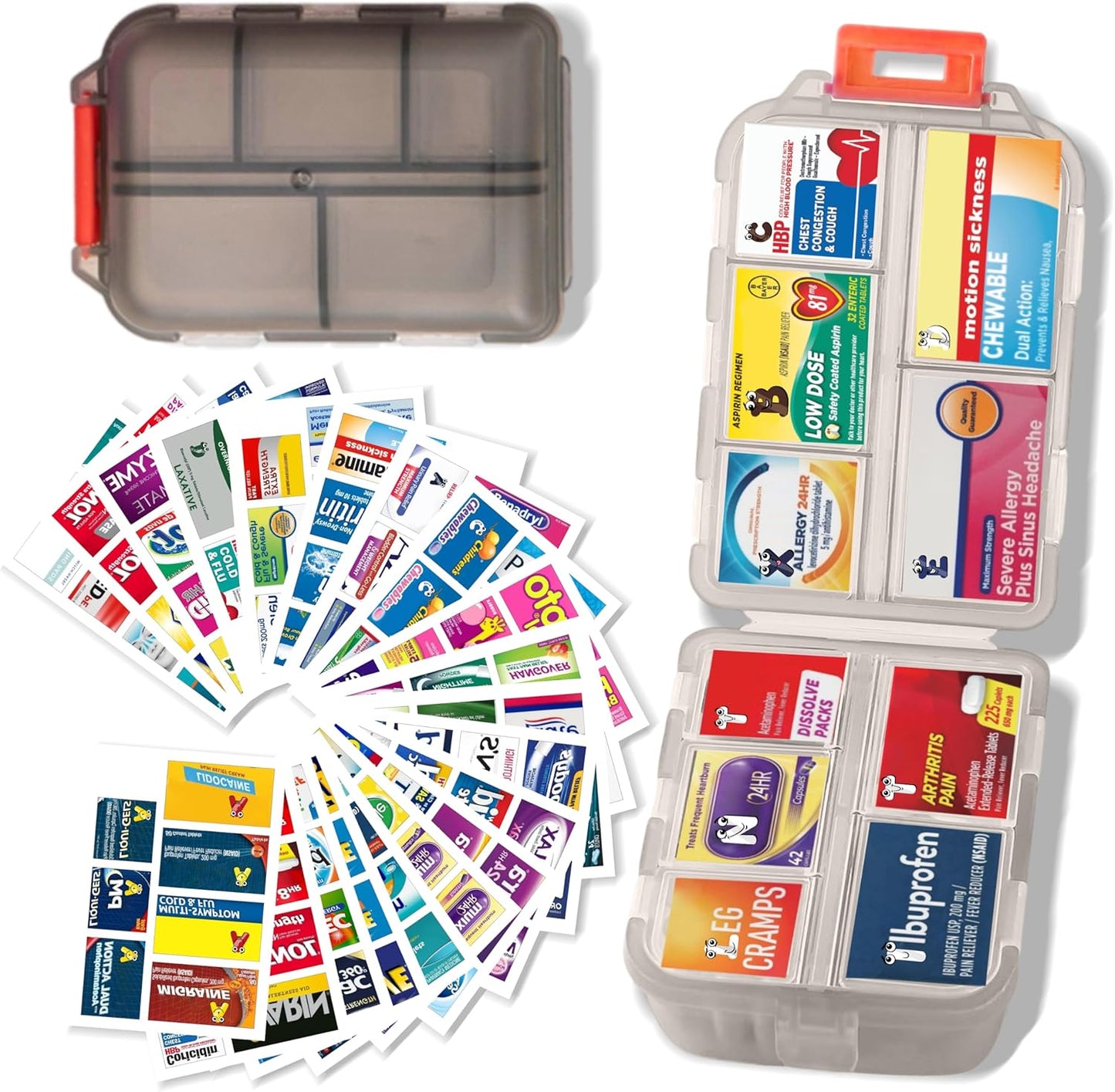 Large Daily Pill Container with Medicine Labels - 7 Day Mini Medication Organizer (Grey, 161 Labels)