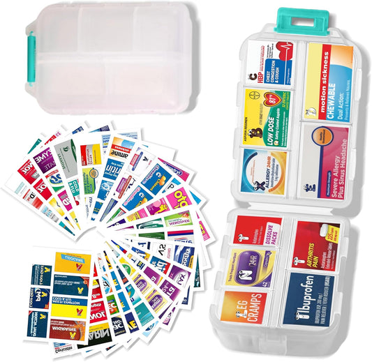 Large Pill Organizer With Medicine Labels - 7 Day Travel Daily Container, Mini Medication Storage Case (White, 161 Labels)