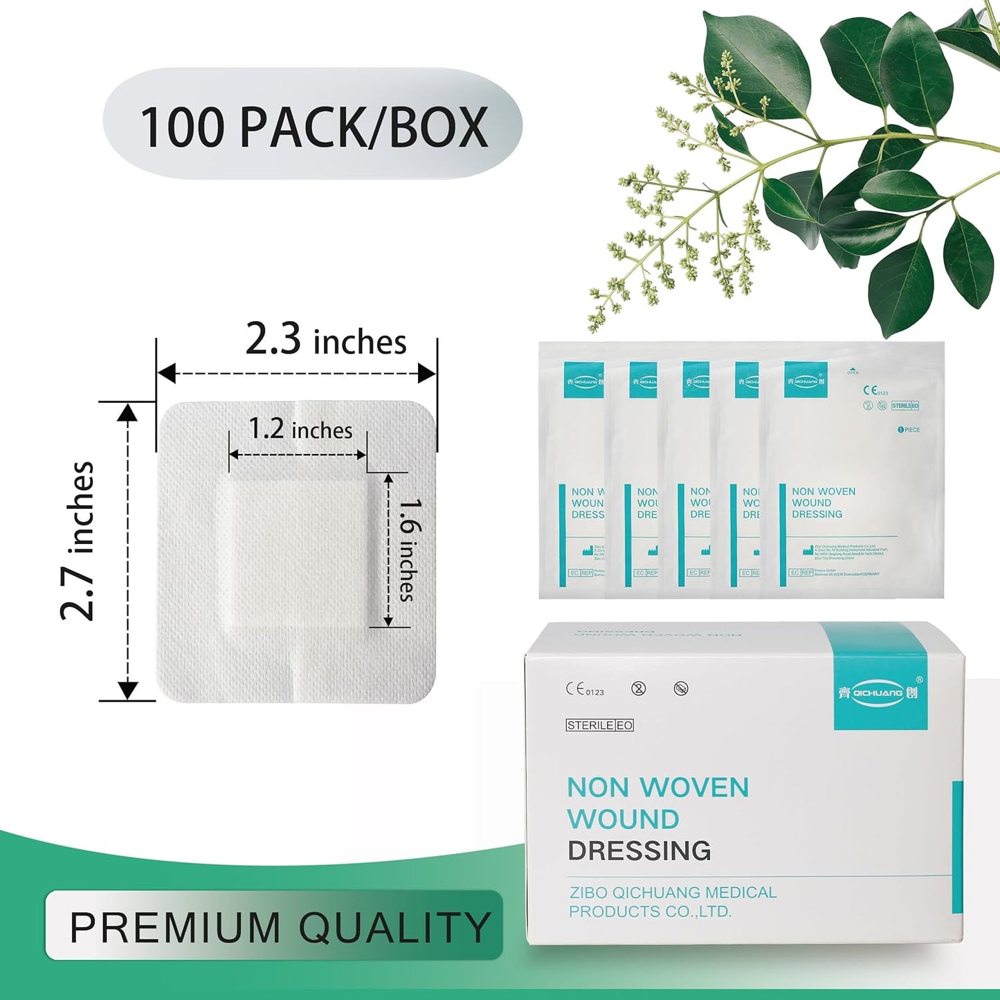 2.3X2.7 Inches Sterile Adhesive Island Wound Dressing Bandages - Non Woven Cover with Bordered Gauze Pads,100 Individually Pack, High Absorbent, Medical Grade by QICHUANG(2.3X2.7INCHES-C100)